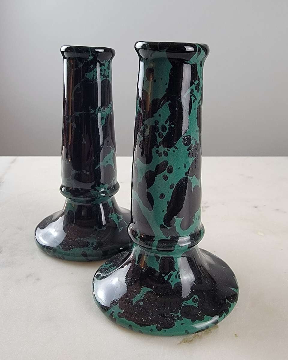 Bennington Black On Green Candlesticks 5.25"/ Set of 2 by Bennington Potters 