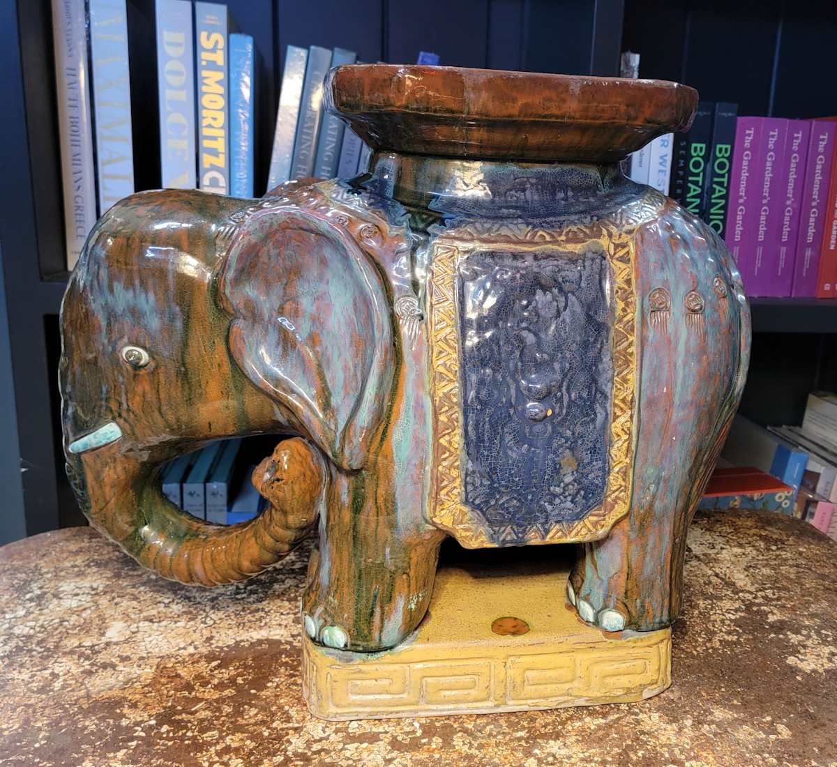 Hollywood Regency Blue-Gold Jhul Elephant Garden Stool 