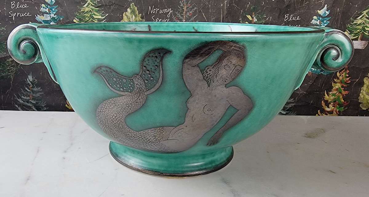 Gustavsberg Argenta Mermaid Motif Bowl by Wilhelm Kage, Gustavsberg Porcelain Manufactory 