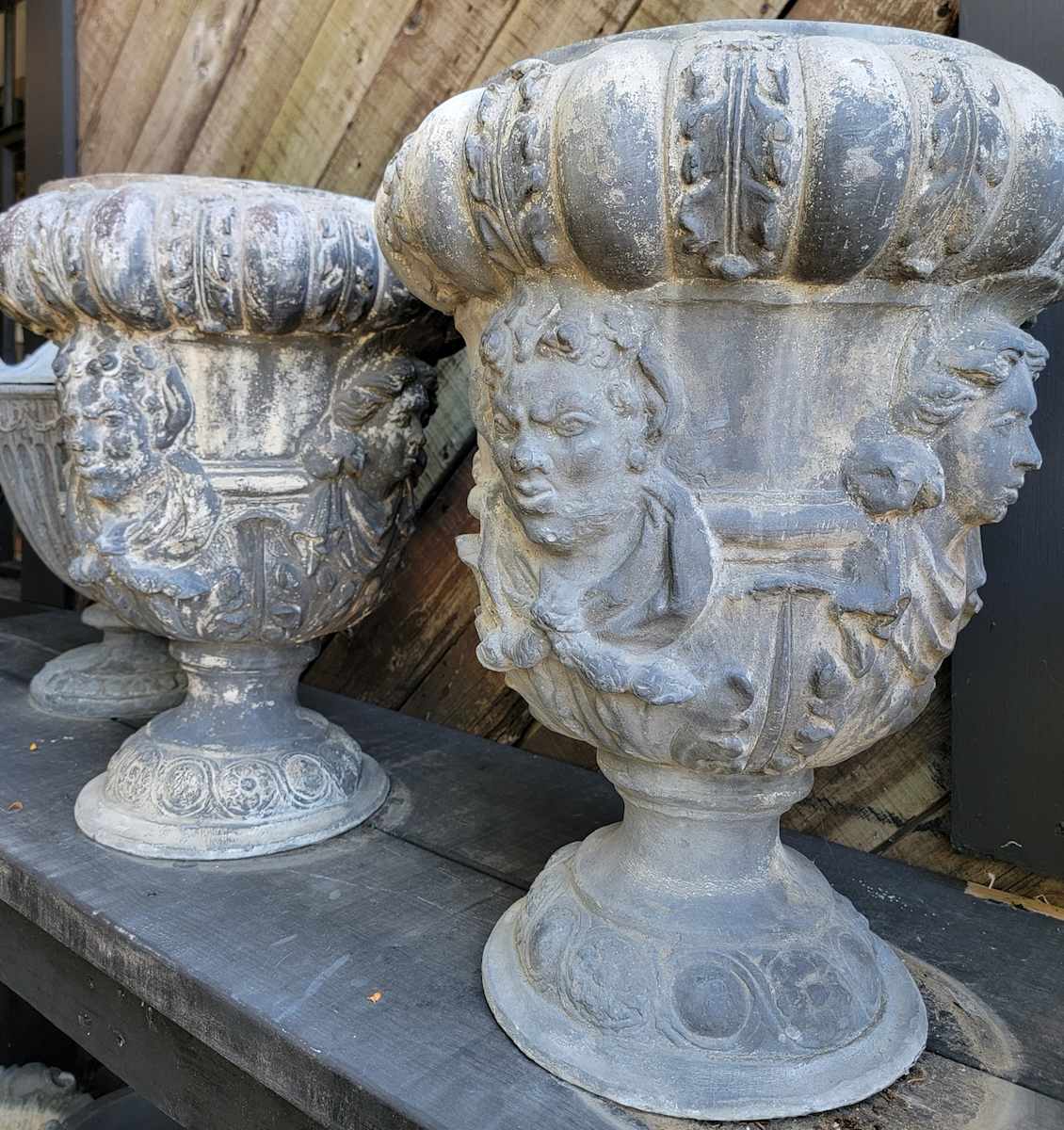 Mascaron Flora Lead Urn / Pair, Image 1.