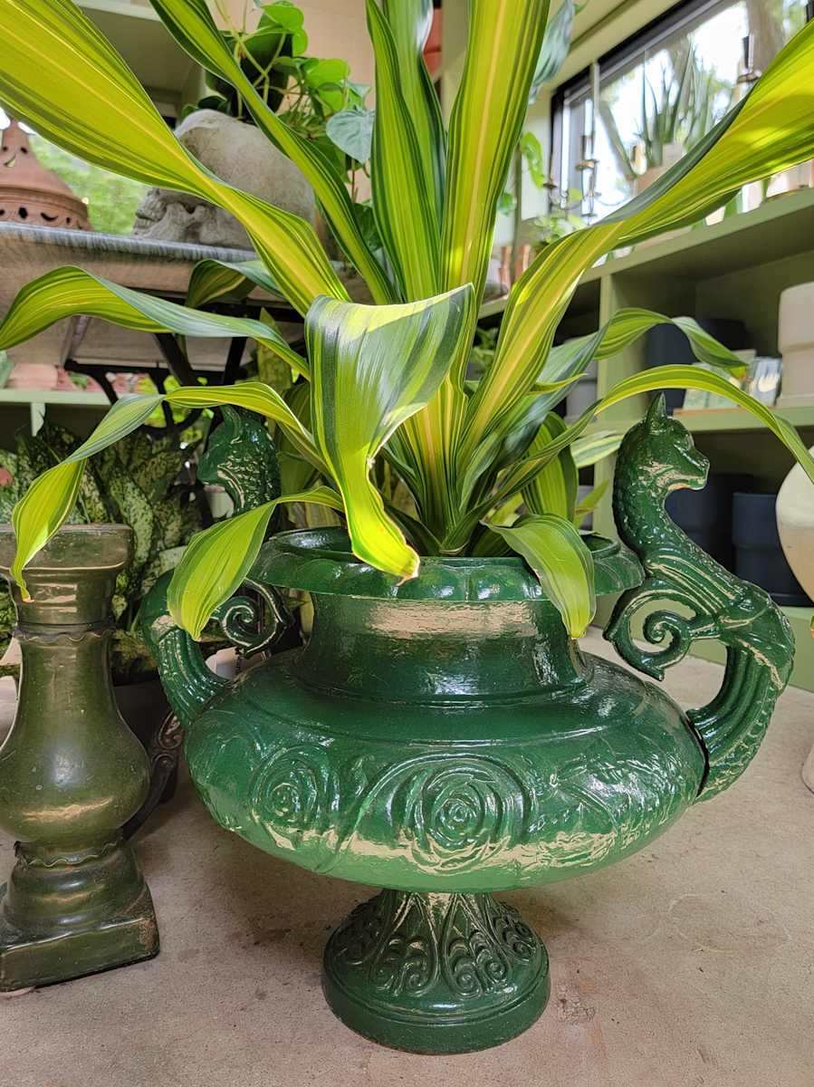 Green Iron Urn with Creature Motif Handles 