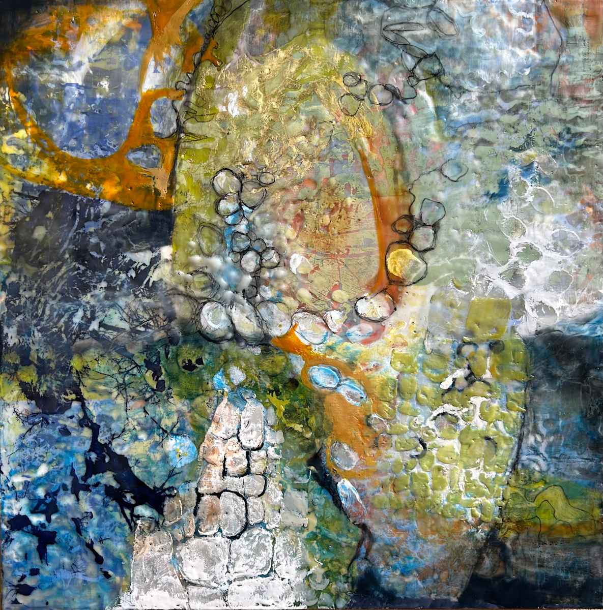 Churning by Melody E Epperson  Image: Abstract Encaustic with orange and blue swirls and white stones