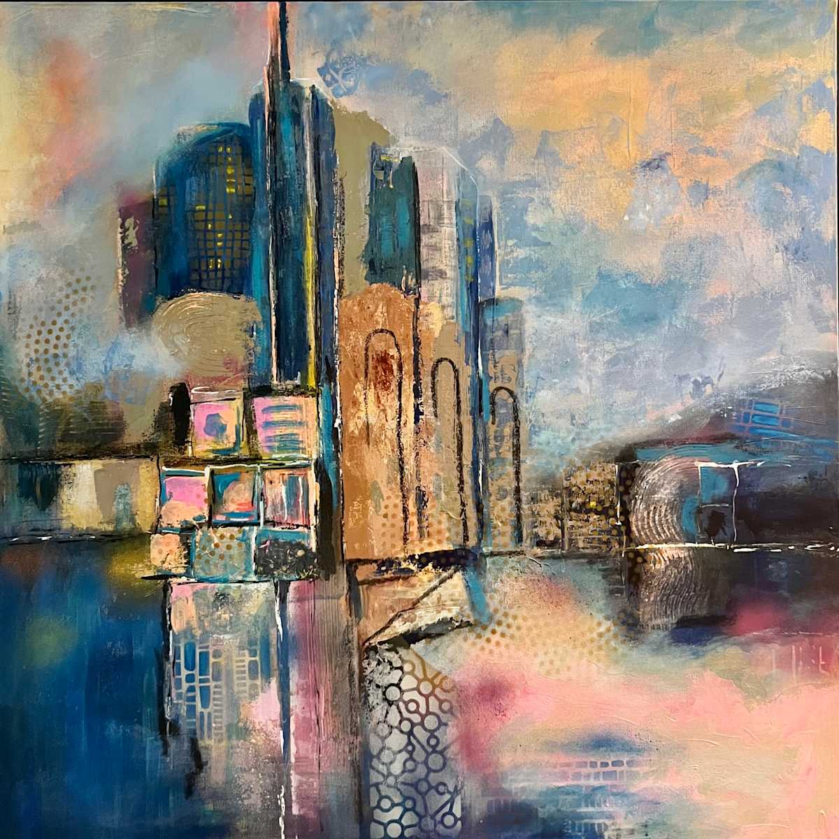 City Reflections by Pamela Roberts  Image: City Reflections - Abstract Urban Landscape Painting