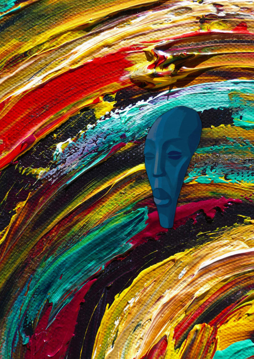 Watch Ova by Milenys IYansa Viera Pérez  Image: A digitally painted mask layered on top of of a photograph of IYansa’s original painting “Challenging Emotions”.
