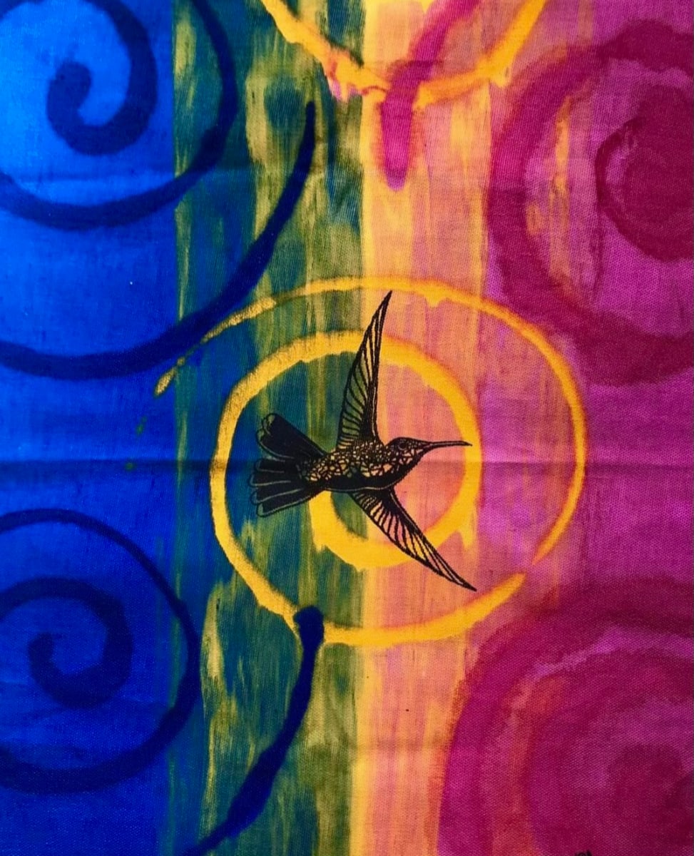 Mystic Flight by Milenys IYansa Viera Pérez  Image: Original screen print on dyed cotton cloth, designed and developed at Tillett Studio in St. Thomas, USVI