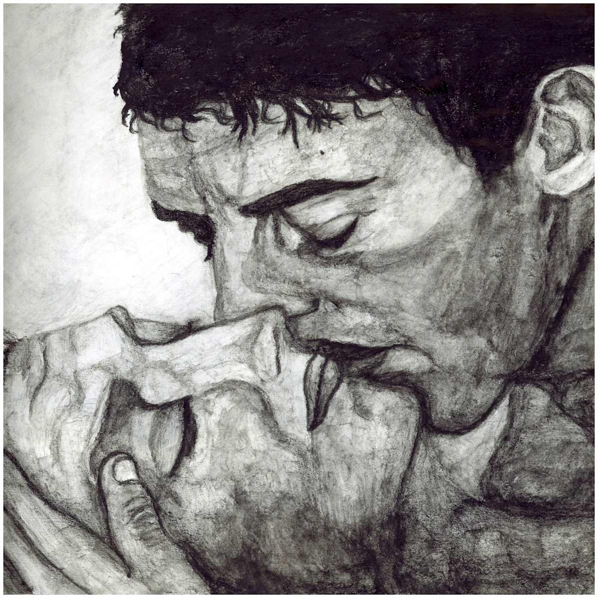 Lay Me Down (From "31 Kisses" series) watercolor pencil version, $200.  Buyer pays shipping.  Prints available, contact artist. by Stephen Mead  Image: The series "31 Kisses" was published as a book, https://www.amazon.com/31-Kisses-Mr-Stephen-Mead/dp/1475241461