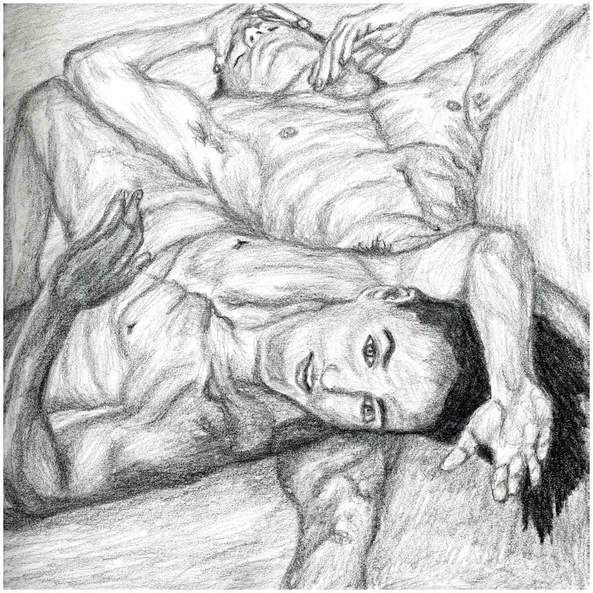 We Rest, Not Spent (From "31 Kisses" series) graphite pencil version, $200.  Buyer pays shipping.  Prints available, contact artist. by Stephen Mead  Image: The series "31 Kisses" was published as a book, https://www.amazon.com/31-Kisses-Mr-Stephen-Mead/dp/1475241461
