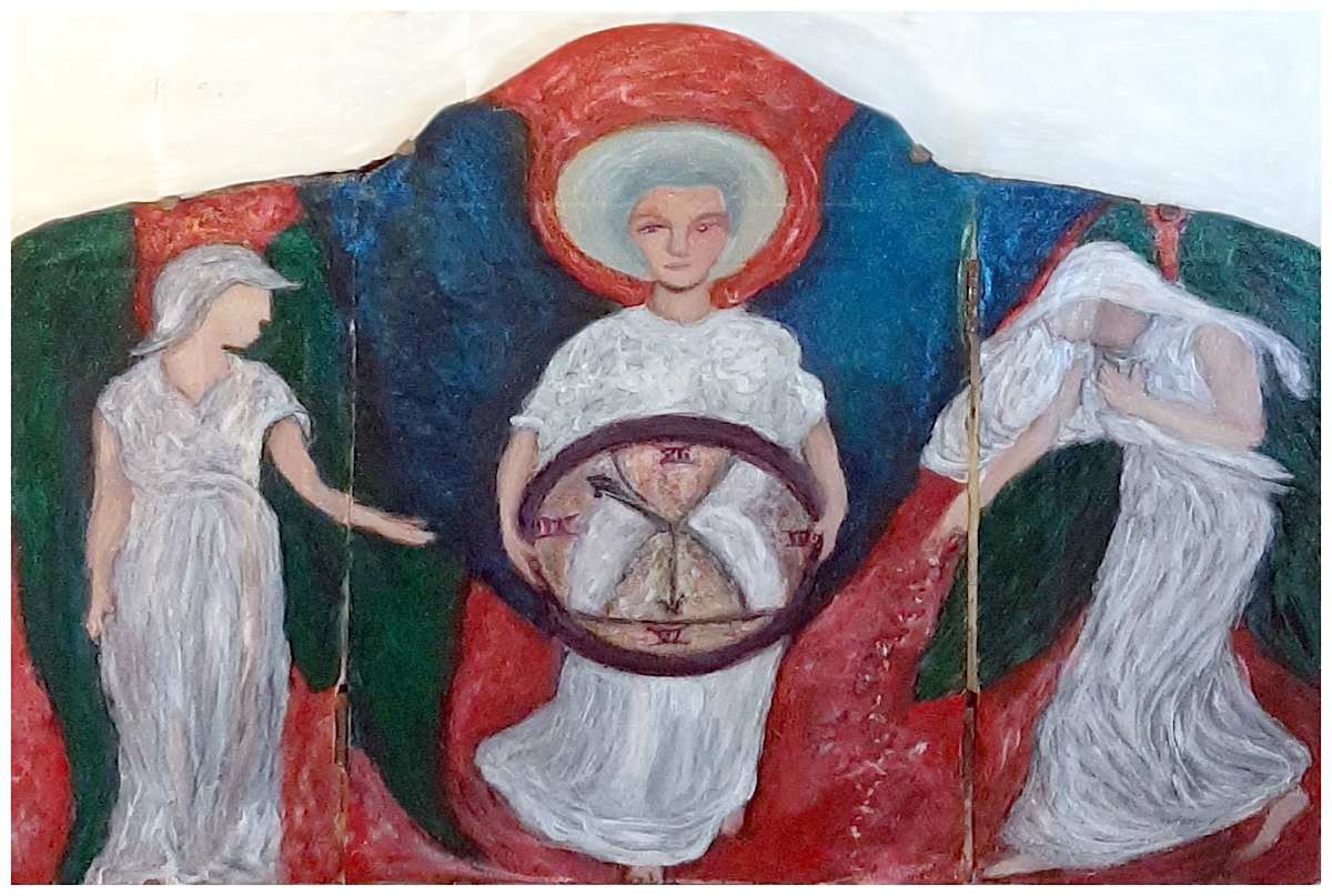 Altarpiece (Timekeepers I) (From "Not Stopping for Death" series), Mixed Media, $450 Buyer pays shipping.  Prints available, contact artist. by Stephen Mead  Image: The series "Not Stopping for Death" is included in Stephen Mead's book "Selected Works", https://www.amazon.com/Selected-Works-Stephen-Mead/dp/B0D86HK7T7