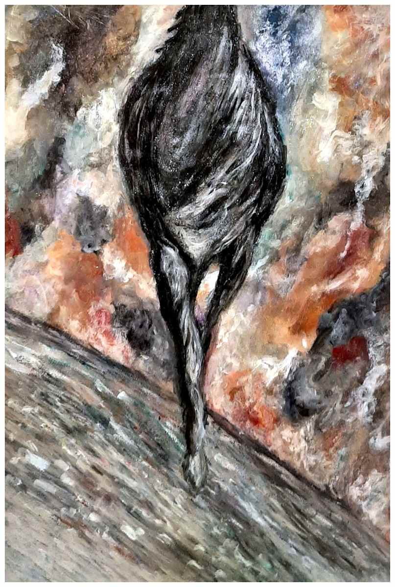 Apocalypse Horse (I - The Approach) (From "Not Stopping for Death" series), Mixed Media, $400  Buyer pays shipping.  Prints available, contact artist. by Stephen Mead  Image: The series "Not Stopping for Death" is included in Stephen Mead's book "Selected Works", https://www.amazon.com/Selected-Works-Stephen-Mead/dp/B0D86HK7T7