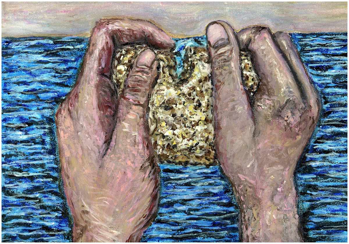 Breaking, Casting (From "Our Book of Common Faith", series) mixed media, $300.  Buyer pays shipping.  Prints available, contact artist. by Stephen Mead  Image: The series "Our Book of Common Faith" was published as a book, https://www.amazon.com/Book-Common-Faith-Stephen-Mead/dp/1442162724