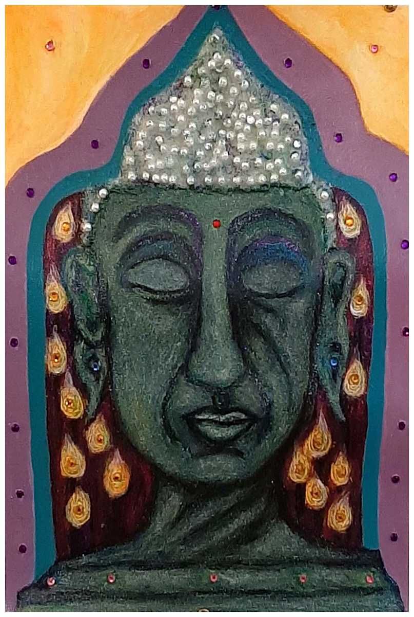Dear Buddha (I), Of Pearls and Jade, (From "Our Book of Common Faith", series) mixed media, $300.  Buyer pays shipping.  Prints available, contact artist. by Stephen Mead  Image: The series "Our Book of Common Faith" was published as a book, https://www.amazon.com/Book-Common-Faith-Stephen-Mead/dp/1442162724