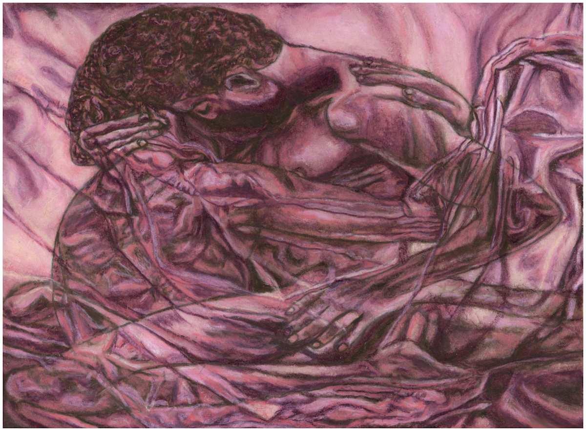 Imprints of Intimacy Excerpt 14 from the series, mixed media, $250.  Buyer pays shipping.  Prints available, contact artist. by Stephen Mead  Image: The series "Imprints of Intimacy" was published as a book, https://www.amazon.com/Imprints-Intimacy-Otter-Body-Pillow/dp/B0D9VHKGHT