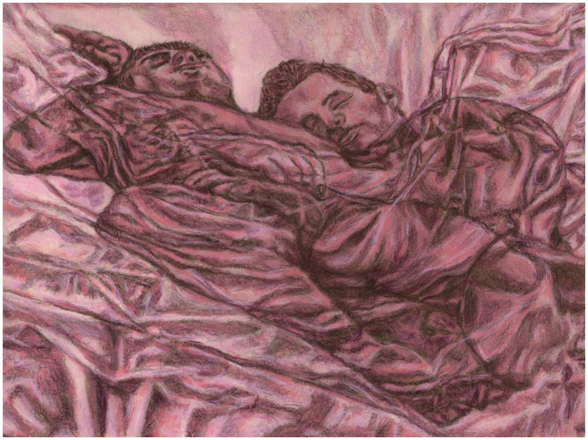 Imprints of Intimacy Excerpt 24 from the series, mixed media, $250.  Buyer pays shipping.  Prints available, contact artist by Stephen Mead  Image: The series "Imprints of Intimacy" was published as a book, https://www.amazon.com/Imprints-Intimacy-Otter-Body-Pillow/dp/B0D9VHKGHT