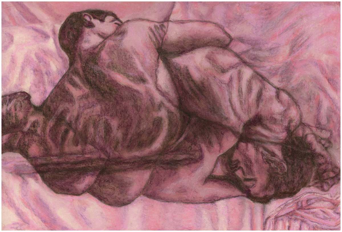 Imprints of Intimacy Excerpt 32 from the series, mixed media, $250.  Buyer pays shipping.  Prints available, contact artist. by Stephen Mead  Image: The series "Imprints of Intimacy" was published as a book, https://www.amazon.com/Imprints-Intimacy-Otter-Body-Pillow/dp/B0D9VHKGHT