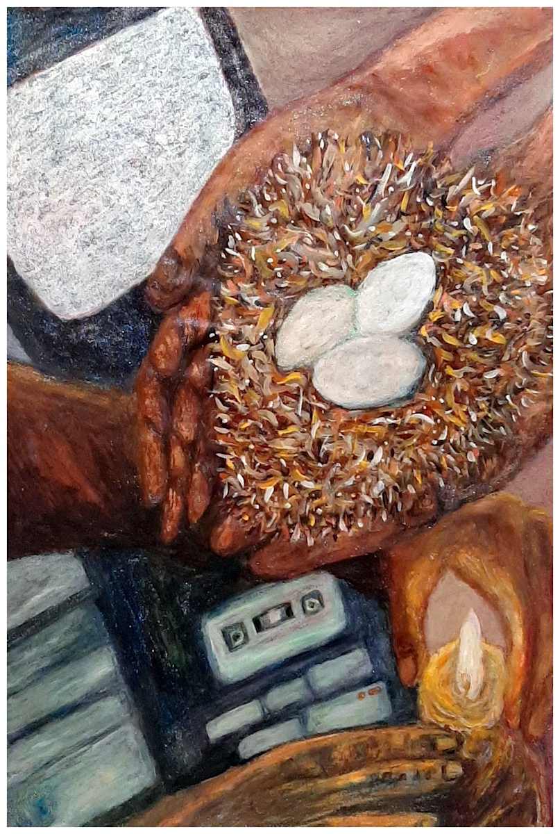 Incoming Message (From "Not Stopping for Death" series), Mixed Media, $400.  Buyer pays shipping.  Prints available, contact artist. by Stephen Mead  Image: The series "Not Stopping for Death" is included in Stephen Mead's book "Selected Works", https://www.amazon.com/Selected-Works-Stephen-Mead/dp/B0D86HK7T7