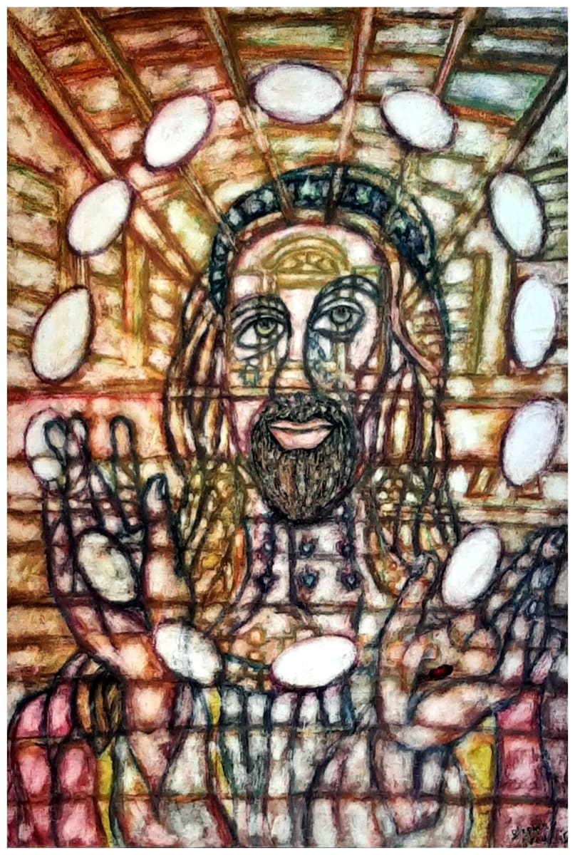 Jesus Laughing, watercolor pencil on board. $375 - buyer pays shipping. by Stephen Mead 