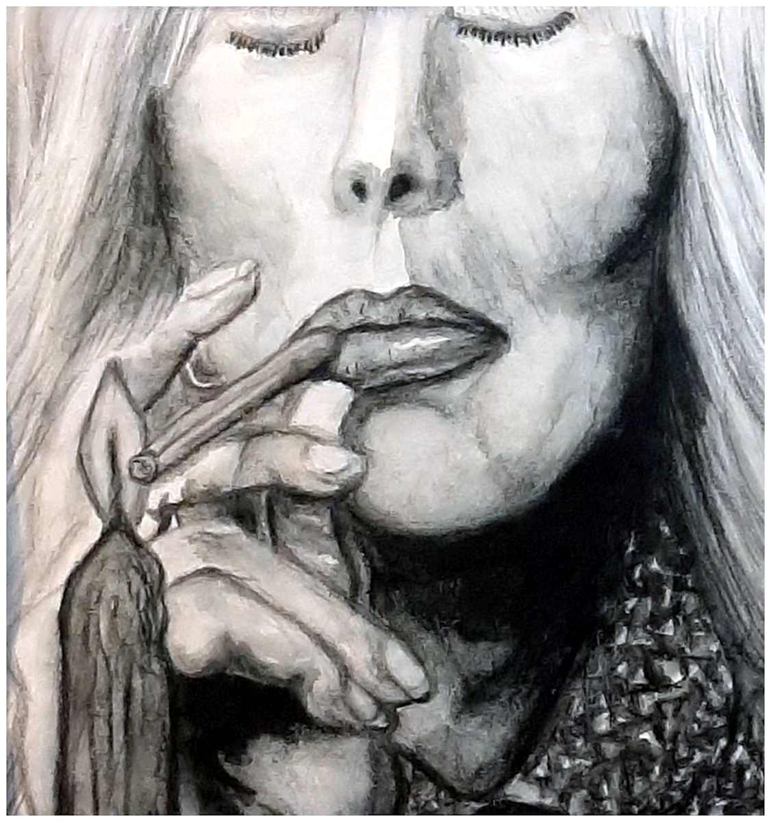 Drag Joni (from "Drag" series), watercolor pencil, $200.  Buyer pays shipping, prints available, contact artist. by Stephen Mead  Image: The series "Drag" is included in Stephen Mead's book "Selected Works", https://www.amazon.com/Selected-Works-Stephen-Mead/dp/B0D86HK7T7
