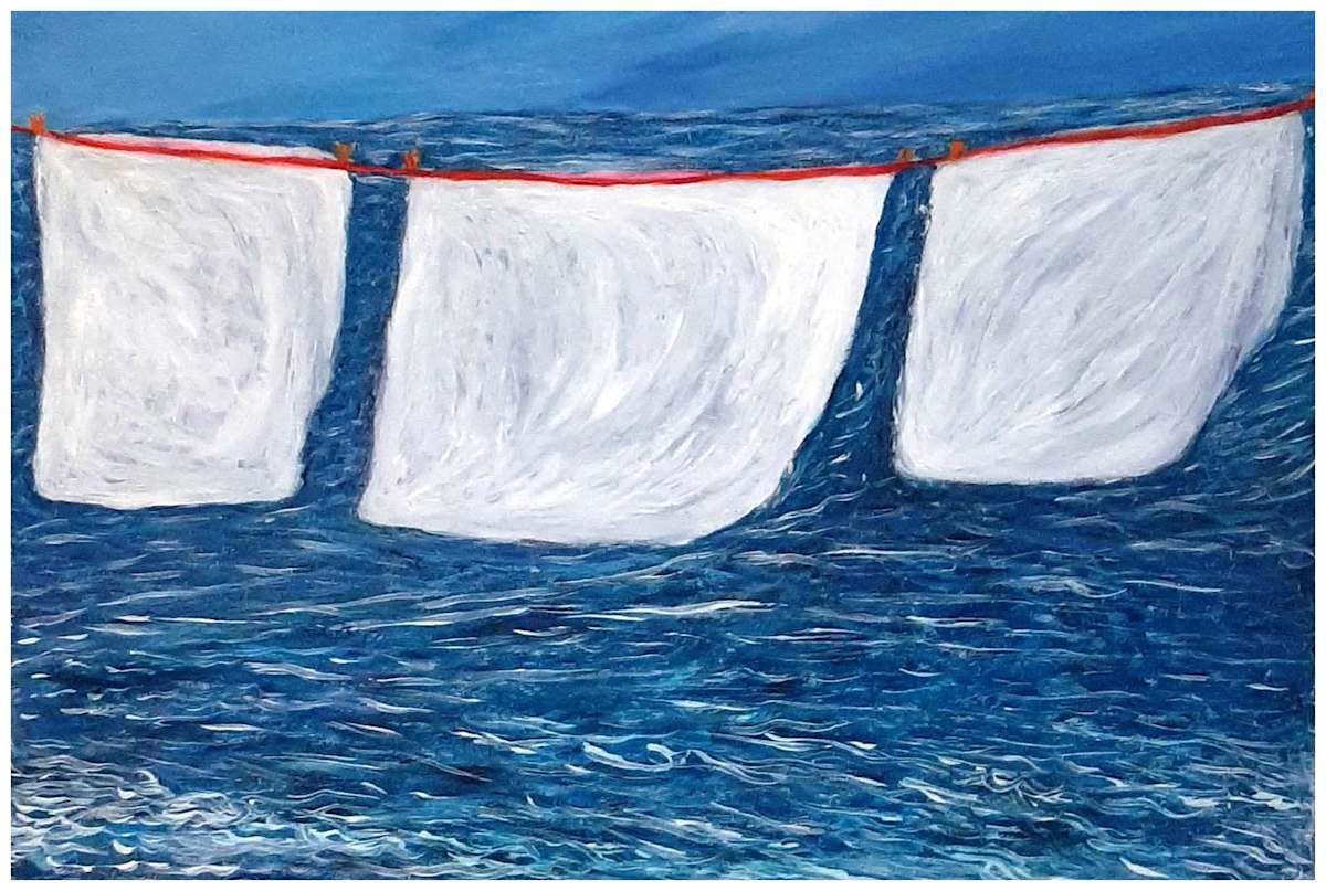 Lena's Line (From "Our Book of Common Faith", series) mixed media, $400.  Buyer pays shipping.  Prints available, contact artist. by Stephen Mead  Image: The series "Our Book of Common Faith" was published as a book, https://www.amazon.com/Book-Common-Faith-Stephen-Mead/dp/1442162724