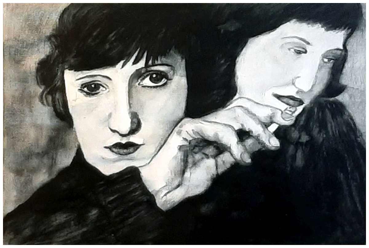 Lotte  (from "Drag" series), watercolor pencil, $300.  Buyer pays shipping, prints available, contact artist. by Stephen Mead  Image: The series "Drag" is included in Stephen Mead's book "Selected Works", https://www.amazon.com/Selected-Works-Stephen-Mead/dp/B0D86HK7T7