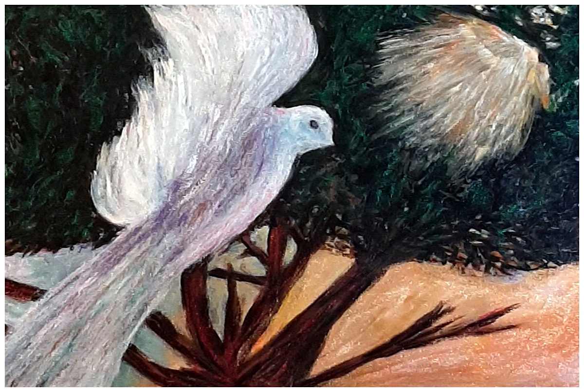 The Messenger (From "Our Book of Common Faith", series) mixed media, $400.  Buyer pays shipping.  Prints available, contact artist. by Stephen Mead  Image: The series "Our Book of Common Faith" was published as a book, https://www.amazon.com/Book-Common-Faith-Stephen-Mead/dp/1442162724
