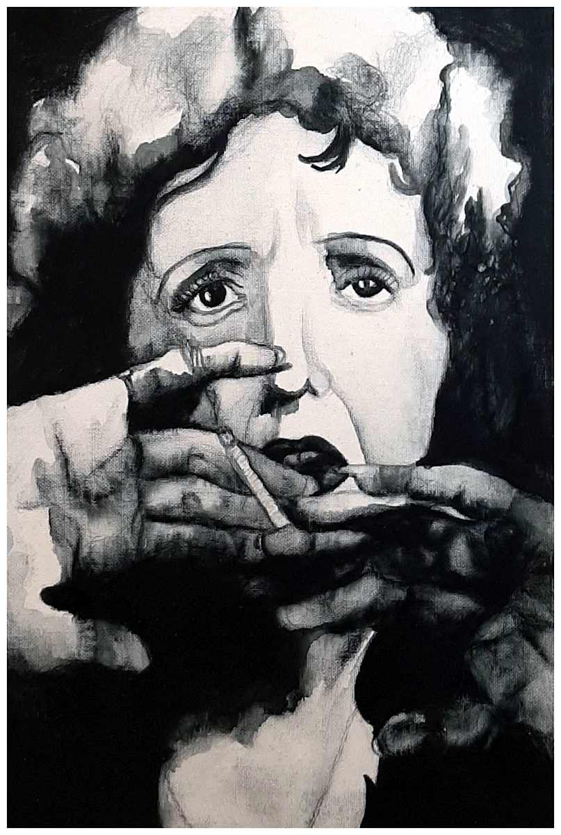Piaf, Sparrow Littlest (from "Drag" series), watercolor pencil, $300.  Buyer pays shipping, prints available, contact artist. by Stephen Mead  Image: The series "Drag" is included in Stephen Mead's book "Selected Works", https://www.amazon.com/Selected-Works-Stephen-Mead/dp/B0D86HK7T7