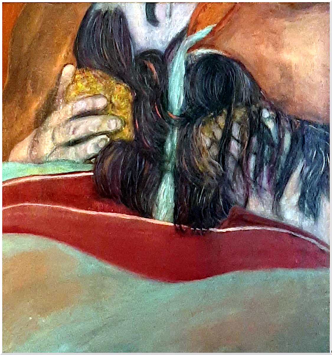 Pour Over the Hair Now ("From Washing the Body" series), acrylics, glazes, iridescent pencil $375.  Buyer pays for shipping.  Prints available, contact artist. by Stephen Mead  Image: The series "Washing the Body" is included in Stephen Mead's book "Selected Works", https://www.amazon.com/Selected-Works-Stephen-Mead/dp/B0D86HK7T7