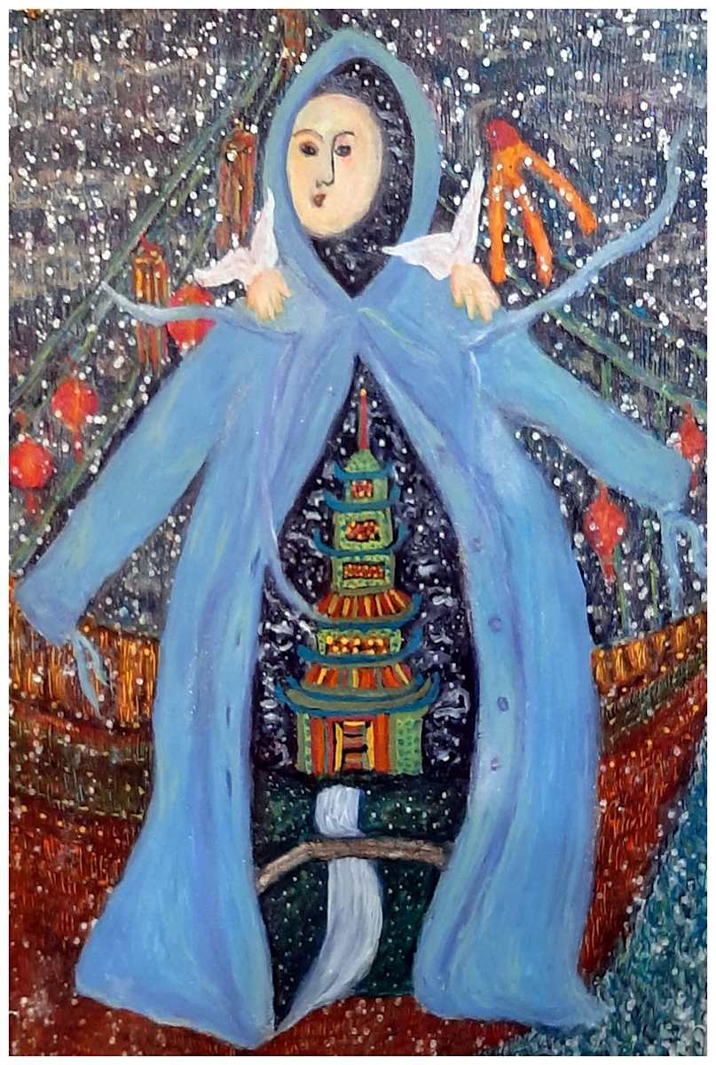 Rain Cape Reverie (From "Our Book of Common Faith", series) mixed media, $400.  Buyer pays shipping.  Prints available, contact artist. by Stephen Mead  Image: The series "Our Book of Common Faith" was published as a book, https://www.amazon.com/Book-Common-Faith-Stephen-Mead/dp/1442162724