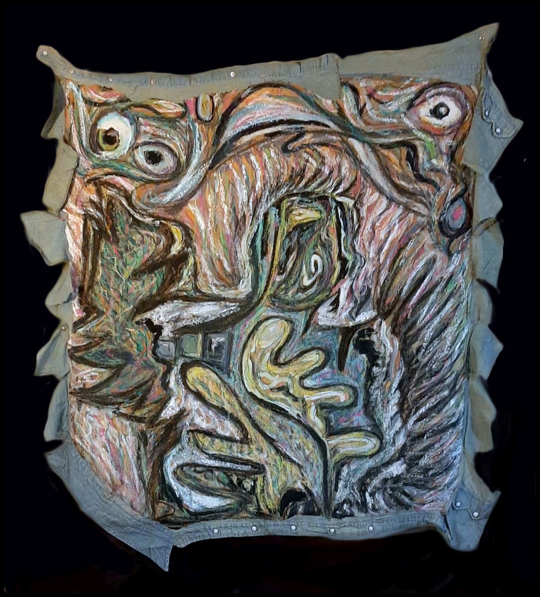Sojourner, mixed media on brown paper, blue jeans "frame", $275 not including shipping by Stephen Mead  Image: Sojourner, mixed media on brown paper, blue jeans "frame"