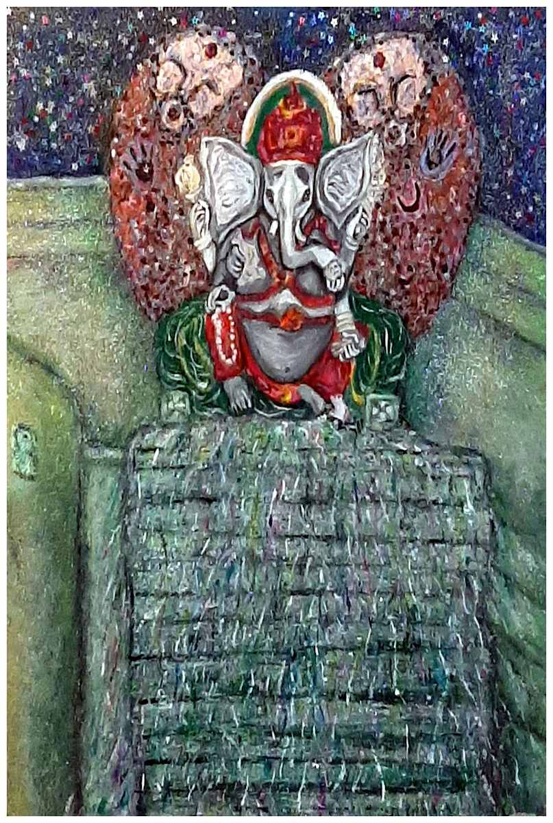 Song of Ganesh (From "Our Book of Common Faith", series) mixed media, $400.  Buyer pays shipping.  Prints available, contact artist. by Stephen Mead  Image: The series "Our Book of Common Faith" was published as a book, https://www.amazon.com/Book-Common-Faith-Stephen-Mead/dp/1442162724