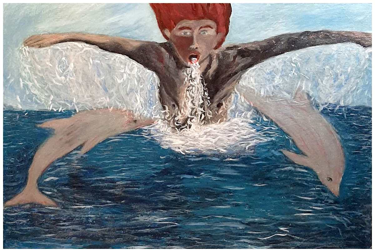 Surfacing (From "Not Stopping for Death" series), Mixed Media, $425.  Buyer pays shipping.  Prints available, contact artist. by Stephen Mead  Image: The series "Not Stopping for Death" is included in Stephen Mead's book "Selected Works", https://www.amazon.com/Selected-Works-Stephen-Mead/dp/B0D86HK7T7