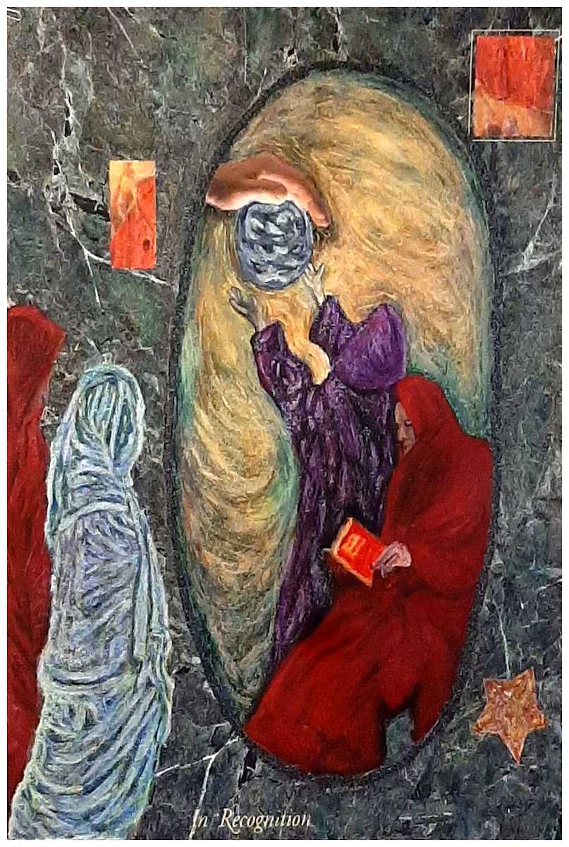 The Readers (From "Our Book of Common Faith", series) mixed media, $400.  Buyer pays shipping.  Prints available, contact artist. by Stephen Mead  Image: The series "Our Book of Common Faith" was published as a book, https://www.amazon.com/Book-Common-Faith-Stephen-Mead/dp/1442162724