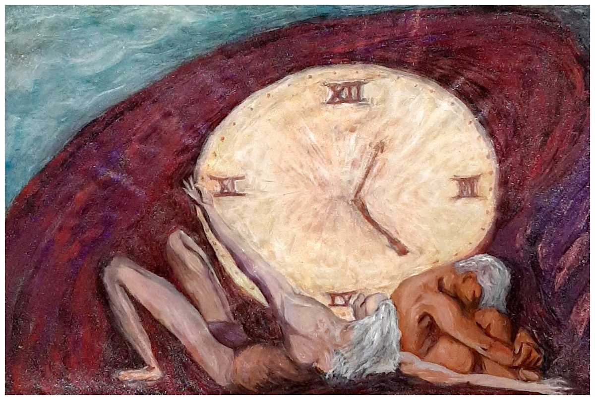 The Timekeepers (III)   ("Not Stopping for Death" series), mixed media, $400.  Buyer pays shipping. Prints available, contact artist, mead815@yahoo.com by Stephen Mead  Image: The series "Not Stopping for Death" is included in Stephen Mead's book "Selected Works", https://www.amazon.com/Selected-Works-Stephen-Mead/dp/B0D86HK7T7