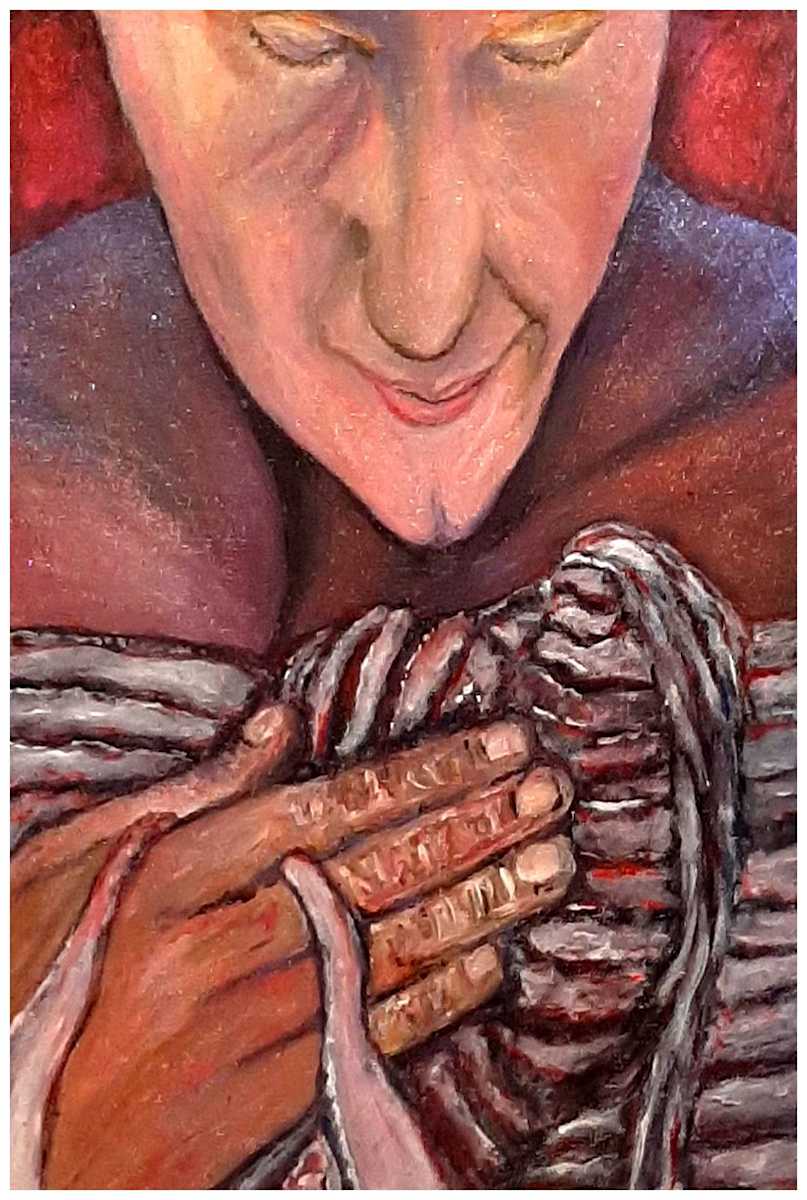 Tourniquet Heart (From "We Are More Than Our Wounds" series, mixed media, $275.  Buyer pays shipping, prints available, contact artist. by Stephen Mead  Image: The series "We Are More Than Our Wounds" is included in Stephen Mead's book "Selected Works", https://www.amazon.com/Selected-Works-Stephen-Mead/dp/B0D86HK7T7