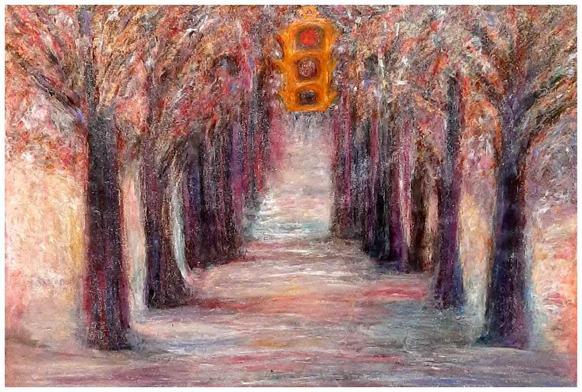 Traffic Light ("Not Stopping for Death" series), mixed media, $400.  Buyer pays shipping. Prints available, contact artist, mead815@yahoo.com by Stephen Mead  Image: The series "Not Stopping for Death" is included in Stephen Mead's book "Selected Works", https://www.amazon.com/Selected-Works-Stephen-Mead/dp/B0D86HK7T7