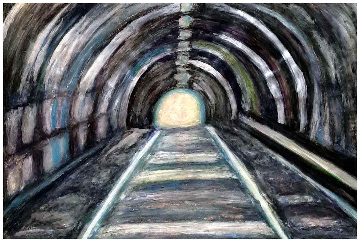 Tunnel ("Not Stopping for Death" series), mixed media, $400.  Buyer pays shipping. Prints available, contact artist, mead815@yahoo.com by Stephen Mead  Image: The series "Not Stopping for Death" is included in Stephen Mead's book "Selected Works", https://www.amazon.com/Selected-Works-Stephen-Mead/dp/B0D86HK7T7