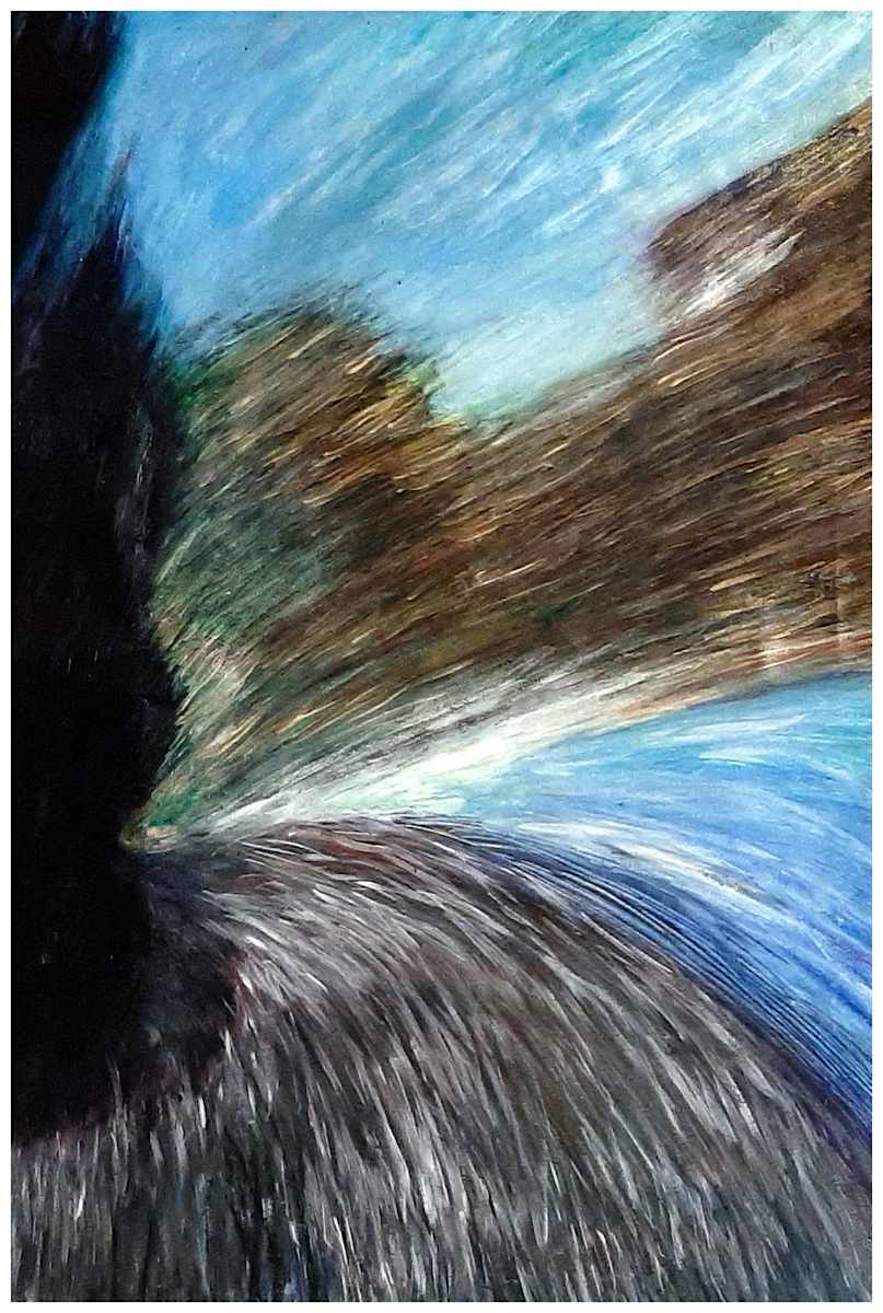 We Accelerate ("Not Stopping for Death" series), mixed media, $400.  Buyer pays shipping.  Prints available, contact artist. by Stephen Mead  Image: The series "Not Stopping for Death" is included in Stephen Mead's book "Selected Works", https://www.amazon.com/Selected-Works-Stephen-Mead/dp/B0D86HK7T7