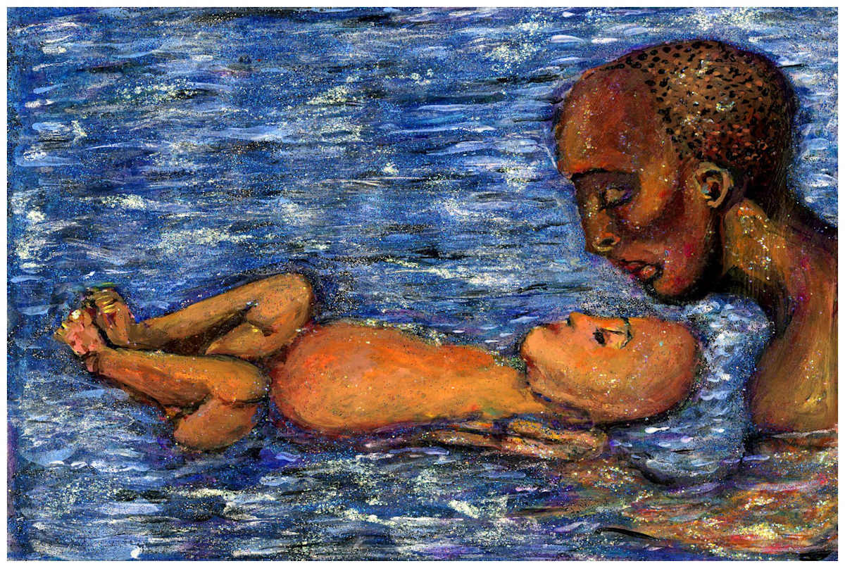Learning Waves (From "Our Book of Common Faith", series) mixed media, $200.  Buyer pays shipping.  Prints available, contact artist. by Stephen Mead  Image: The series "Our Book of Common Faith" was published as a book, https://www.amazon.com/Book-Common-Faith-Stephen-Mead/dp/1442162724