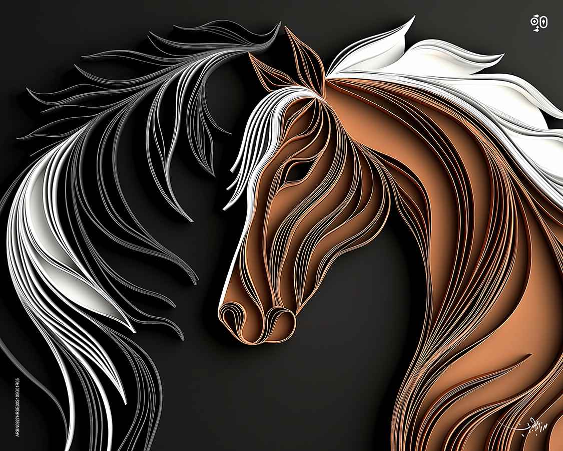 The Dignified Duet by Mohamed Ayman DAEF  Image: Two Arabian horses, bound in quill and symmetry, unfold across a mirrored flow of heritage and motion.