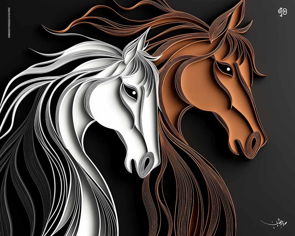 Mirrored Impulse by Mohamed Ayman DAEF  Image: Two Arabian horses erupt in synchronized momentum, sculpted from sweeping mane lines and calligraphic flame.