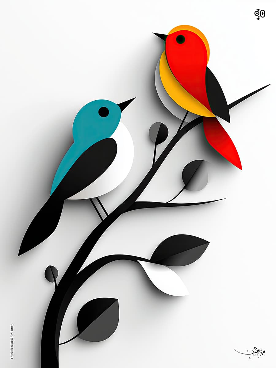 Harmony of Contrast by Mohamed Ayman DAEF  Image: A vivid red-yellow bird perches confidently above a quiet teal-white companion—an elegant contrast in posture, hue, and temperament on a shared black branch.