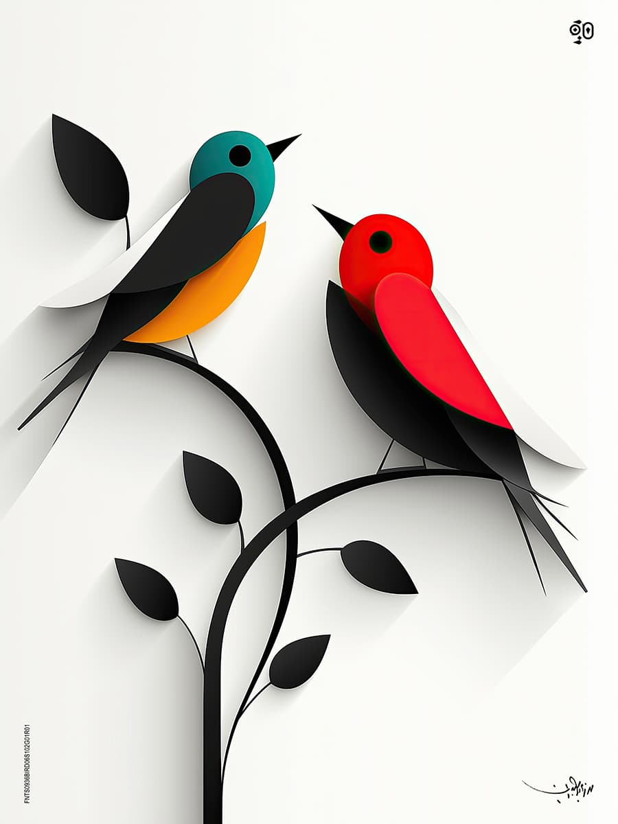 Mid-Air Meeting by Mohamed Ayman DAEF  Image: A red bird and a teal-golden bird meet at the crest of a branching path—locked in visual dialogue, composed in sharp silhouettes and resonant contrast.