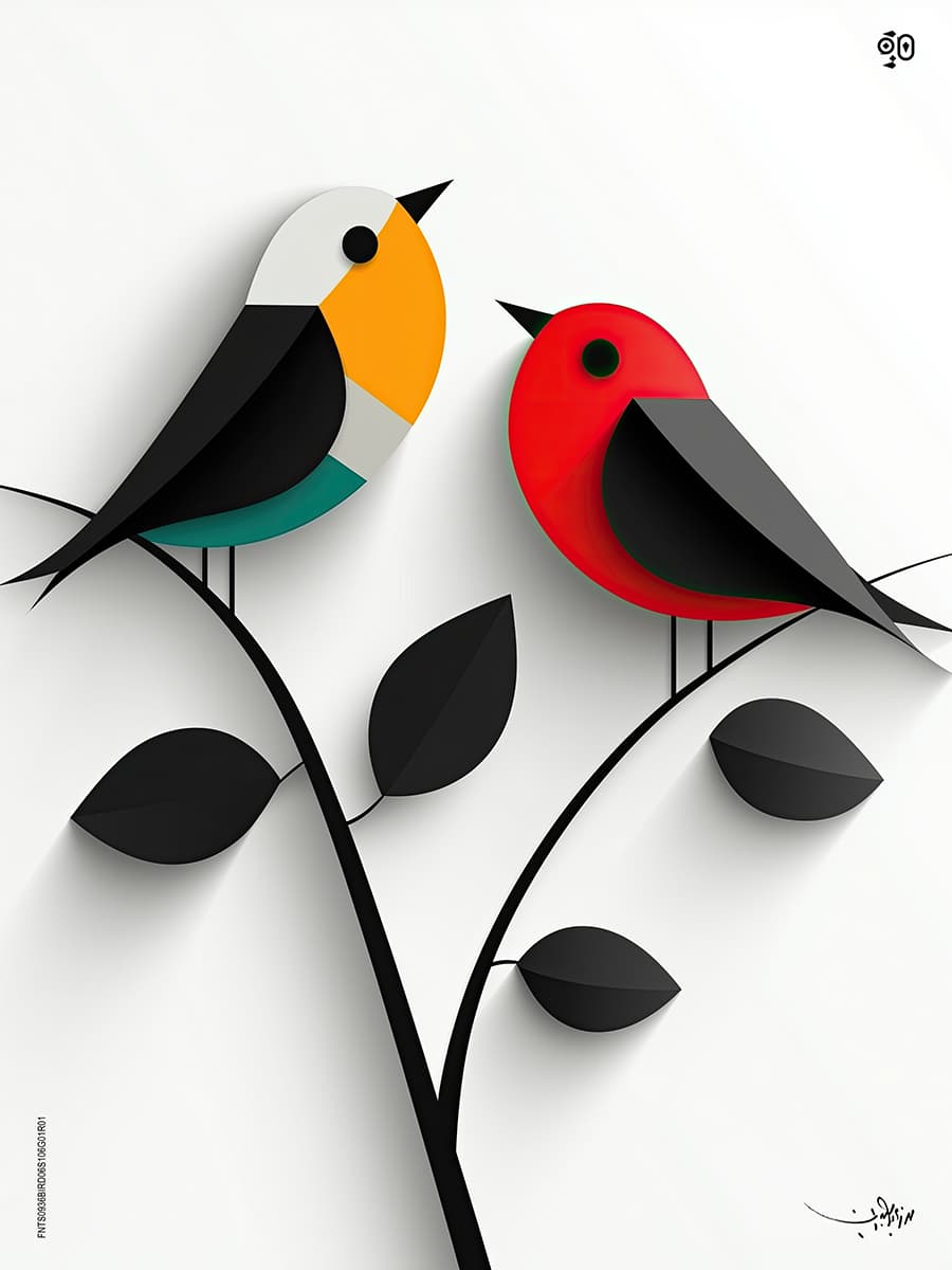 Balance in Contrast by Mohamed Ayman DAEF  Image: A vivid red bird locks eyes with a multicolored companion in mustard yellow, ivory, and teal - poised in sharp contrast across a mirrored branch structure.