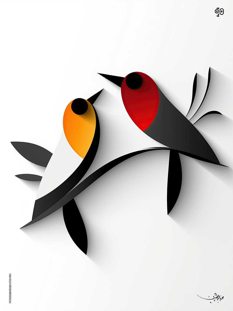 Arc of Parting by Mohamed Ayman DAEF  Image: Two birds - one red and black, the other golden yellow and white - lean toward one another across a sweeping black branch in a moment of poised departure.