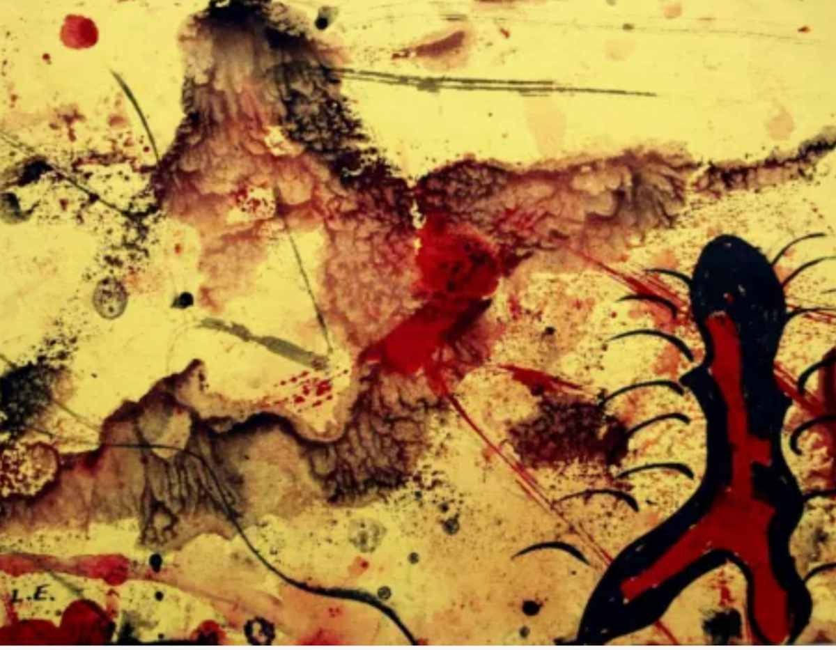 Abstract yellow ink and gouache drawing by Lester Epstein 