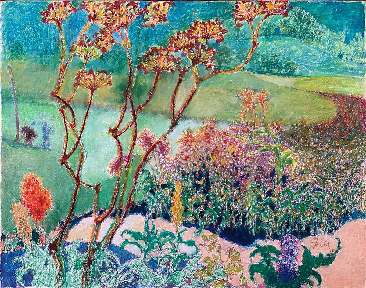1989 "Pond and Flowers" Pastel Landscape Drawing Acclaimed Illustrator Bill Shields by Bill Shields, Image 2.
