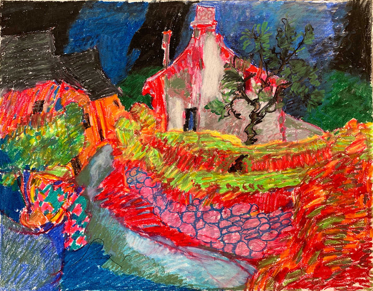 1989 "Road Into Sisteron" Abstract Landscape Drawing Acclaimed Illustrator Bill Shields by Bill Shields 