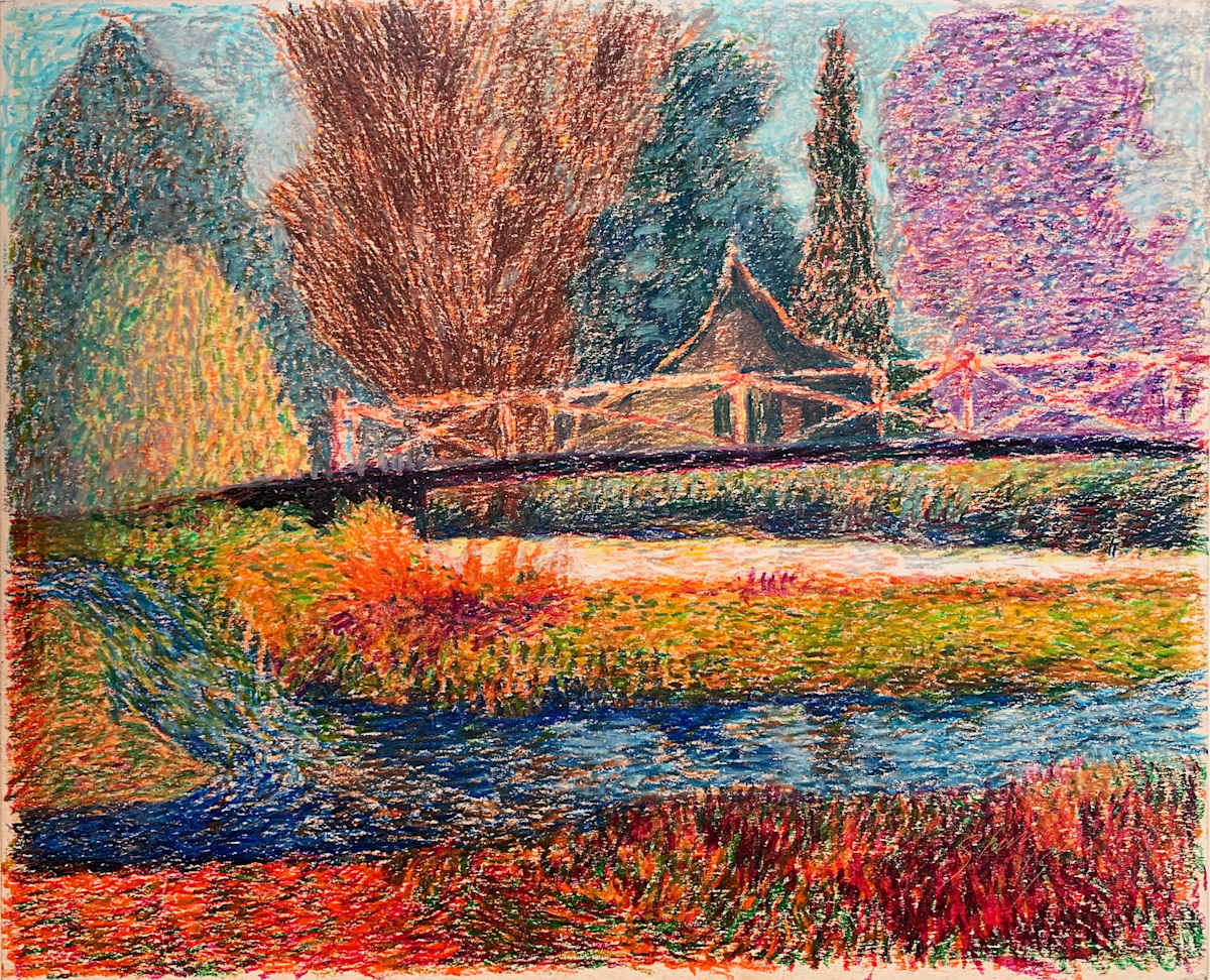 1985 "Bridge" Impressionist Landscape Drawing Acclaimed Illustrator Bill Shields by Bill Shields, Image 2.