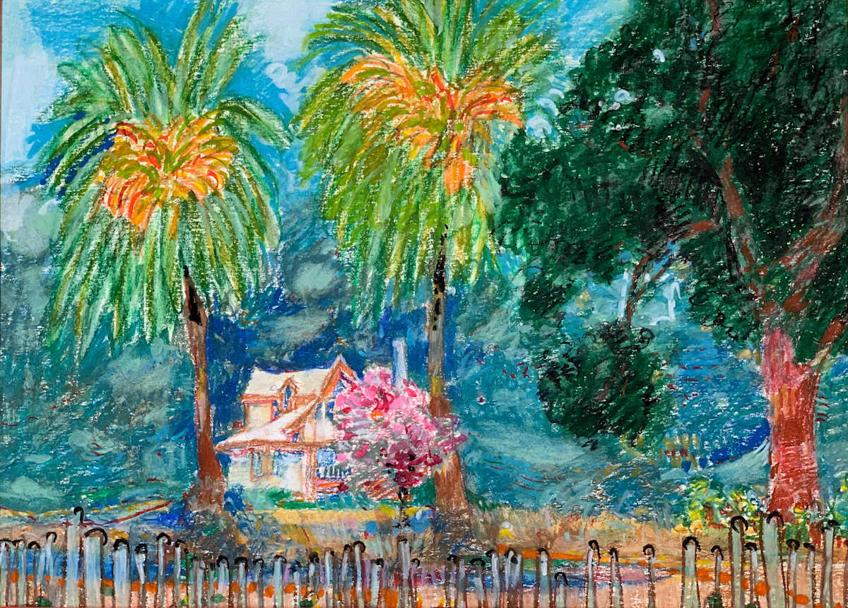 1988 "Two Palms" Landscape Pastel Drawing Acclaimed Illustrator Bill Shields by Bill Shields 