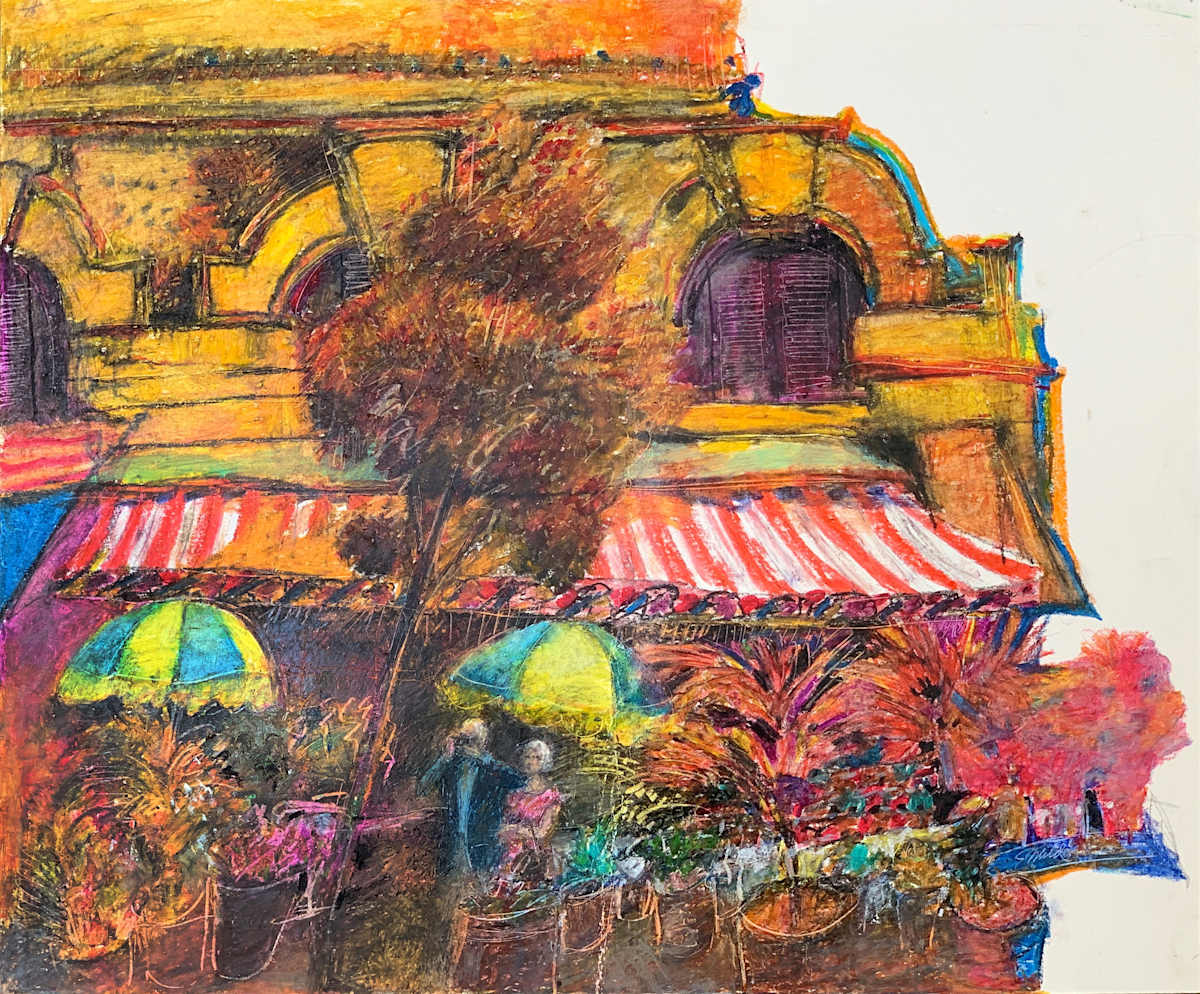 1989 "Café II" Abstract Landscape Drawing Acclaimed Illustrator Bill Shields by Bill Shields 