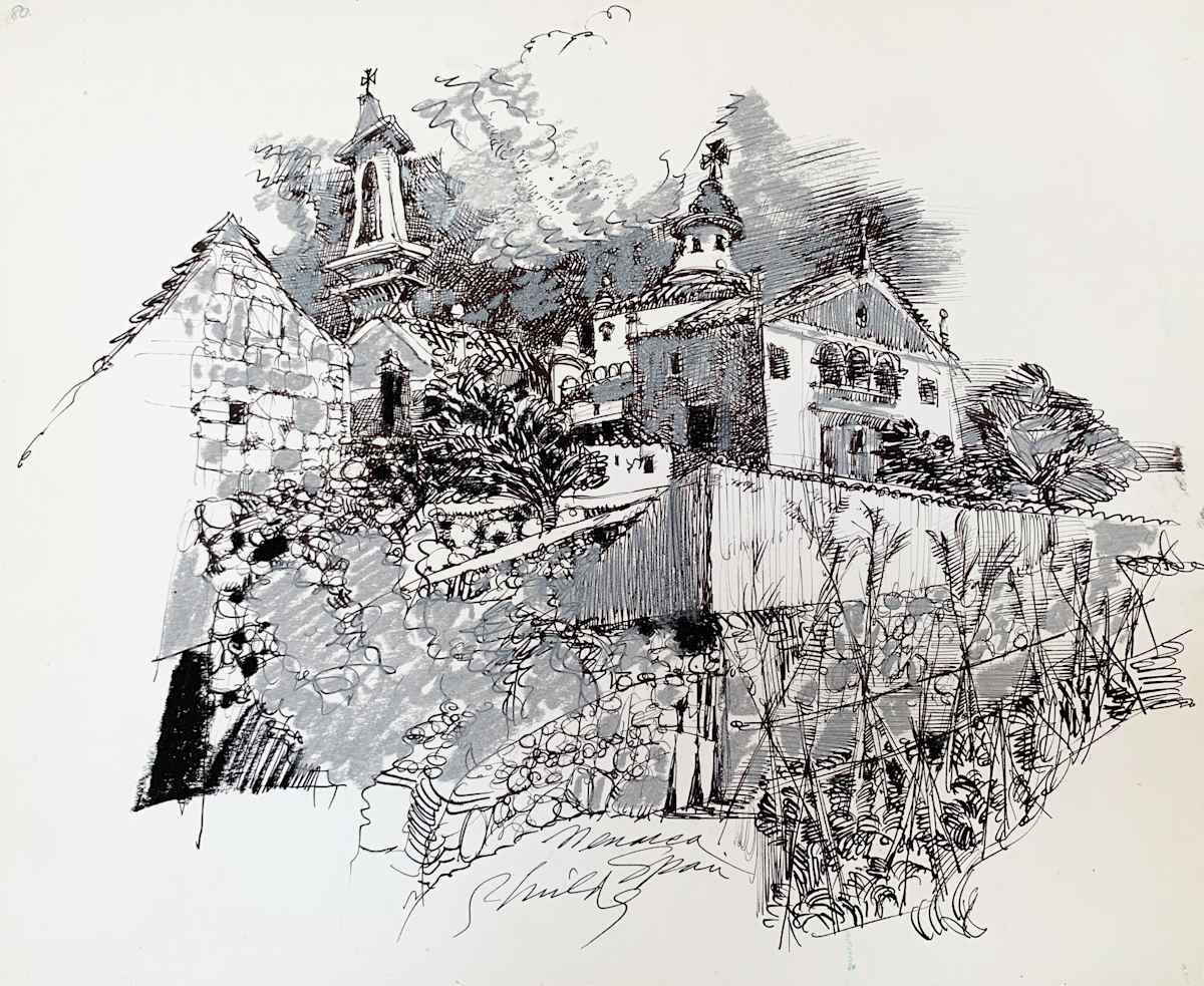 1990 "Menorca, Spain" Abstract Landscape Drawing Acclaimed Illustrator Bill Shields by Bill Shields 